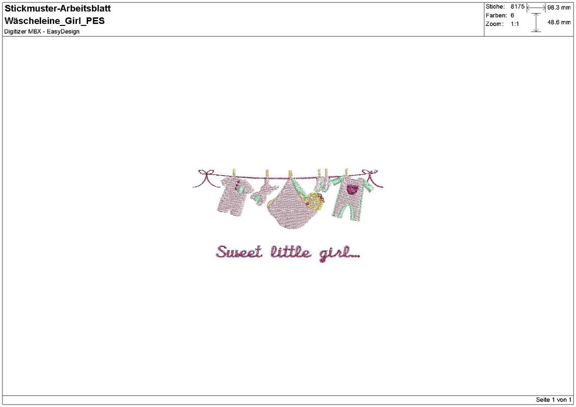Stickdatei "Wäscheleine Mädchen / Girl / Baby" Pes Format (Deco, Brother, Babylock) - Bild 2