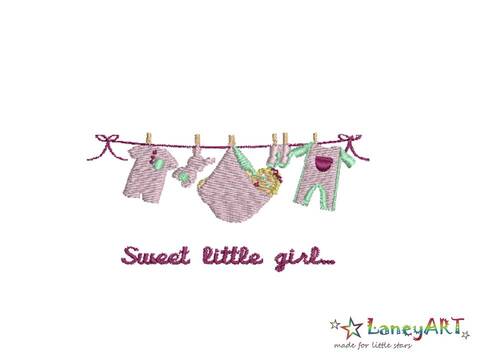 Stickdatei "Wäscheleine Mädchen / Girl / Baby" Pes Format (Deco, Brother, Babylock)