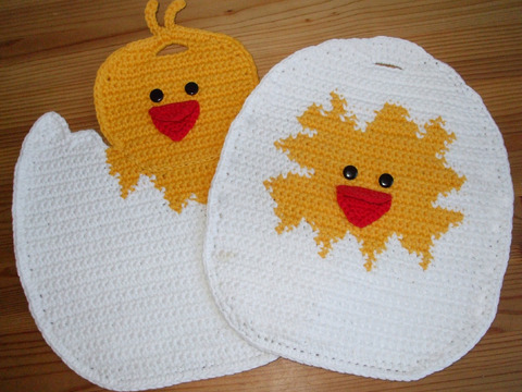 Häkelanleitung für 2 Osterküken als Topflappen * Küken im Ei und Küken aus dem Ei *