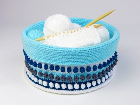 Häkelanleitung: Großer runder Korb mit Bobbeln und Umschlagrand