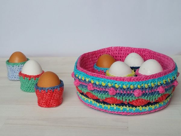 Crocheted Colorful Egg Basket with Egg Cups