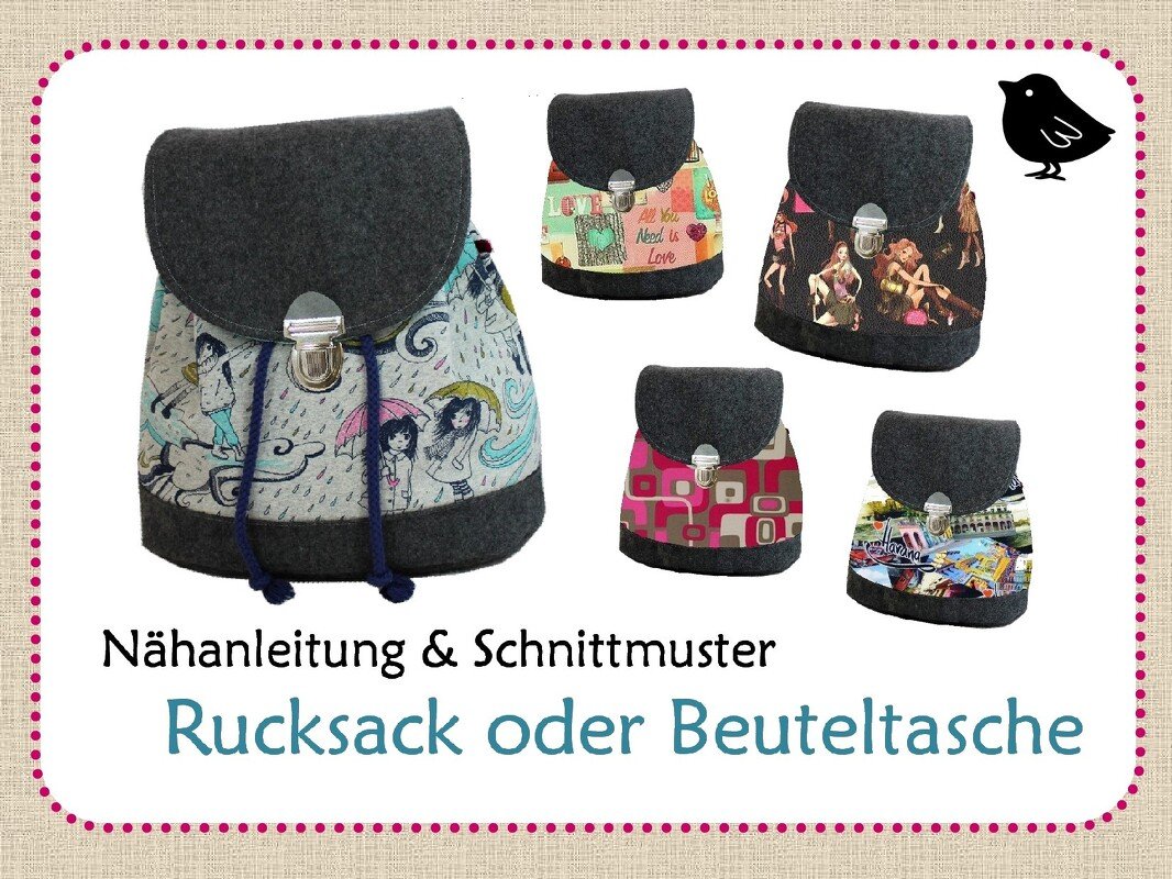 Nähanleitung und Schnittmuster: Rucksack oder Beuteltasche