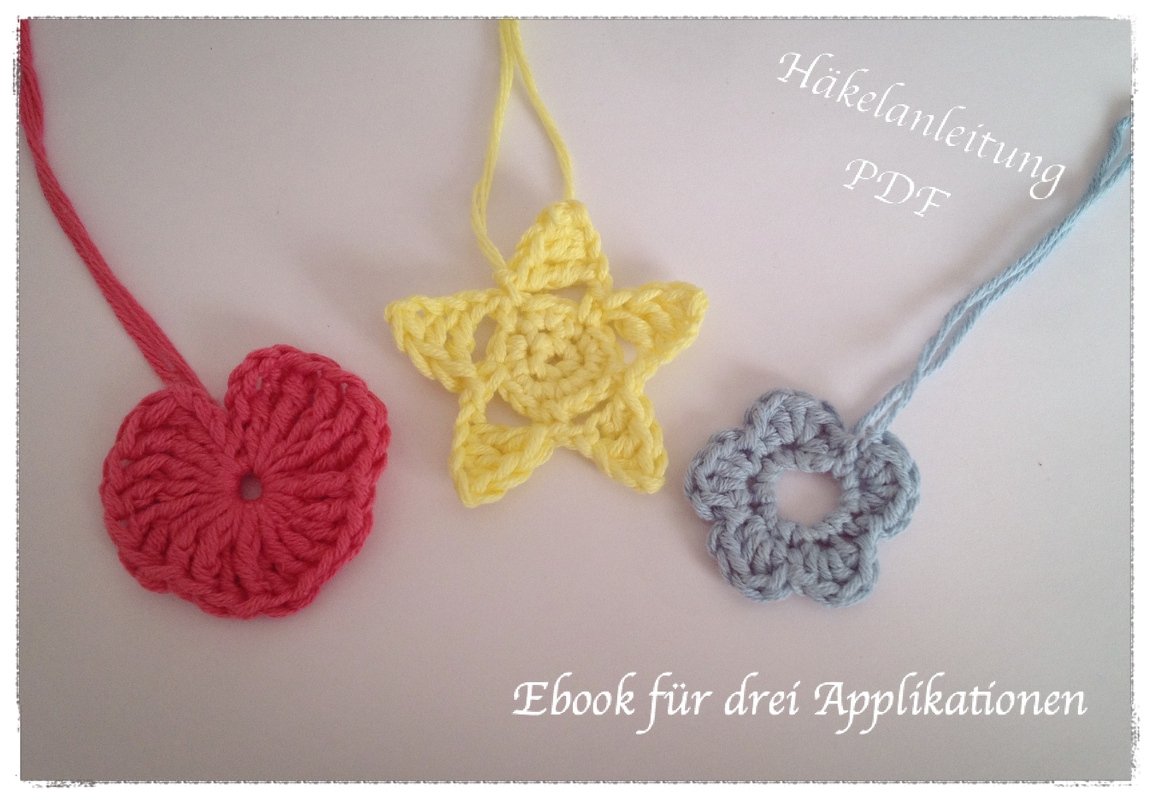 Häkel-Applikationen Herz, Blume und Stern