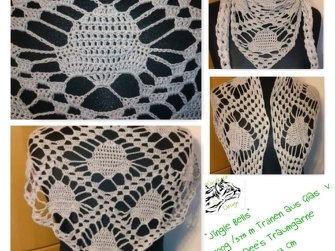 Collage mit Nahaufnahmen eines weißen gehäkelten Dreieckstuchs und seinem Spitzenmotiv