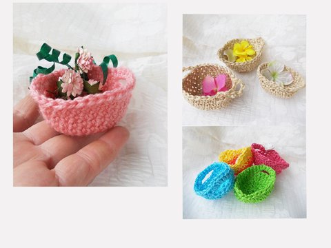 3 verschiedene Mini-Körbchen und Mini-Blümchen häkeln, als Osterkörbchen oder Mehrzweckkörbchen aus dünner Paketschnur (Bindgarn), Häkelbast oder Wolle/Garn