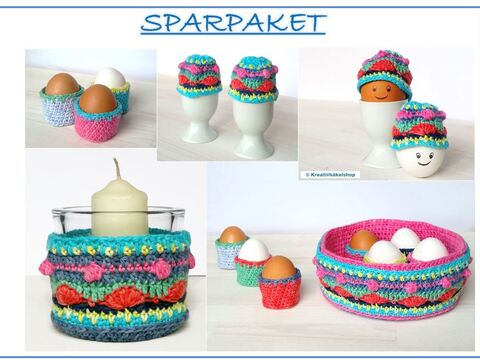 Sparpaket Häkelanleitungen für Eierwärmer, Windlicht, Eierkörbchen mit Eierbechern, Tischdeko