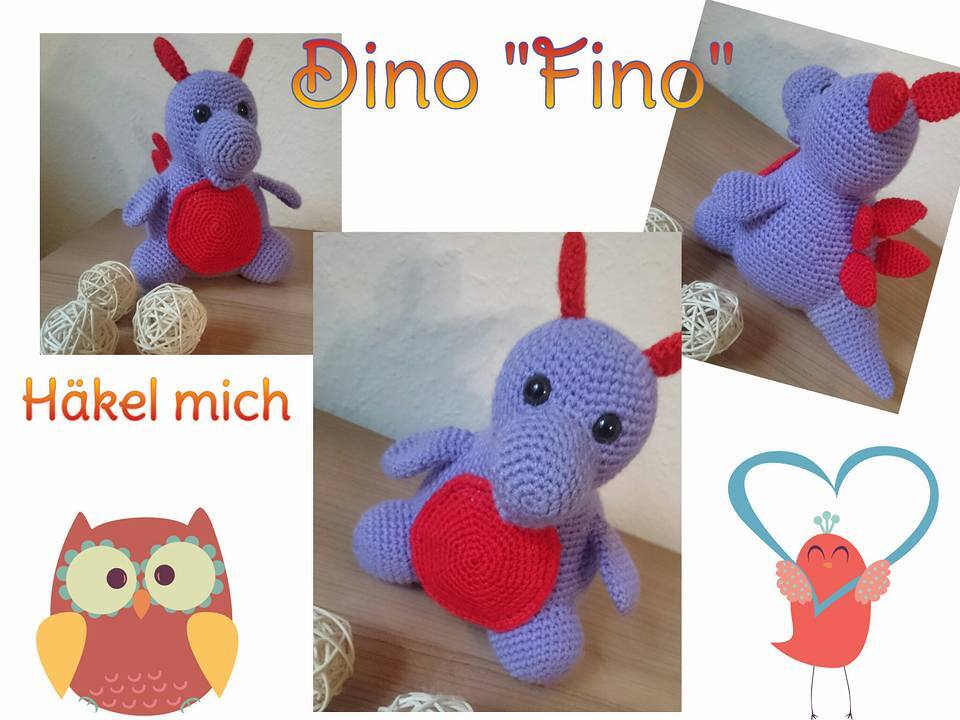 Nahaufnahmen eines lila Amigurumi-Dinos mit rotem Bauch und roten Stacheln