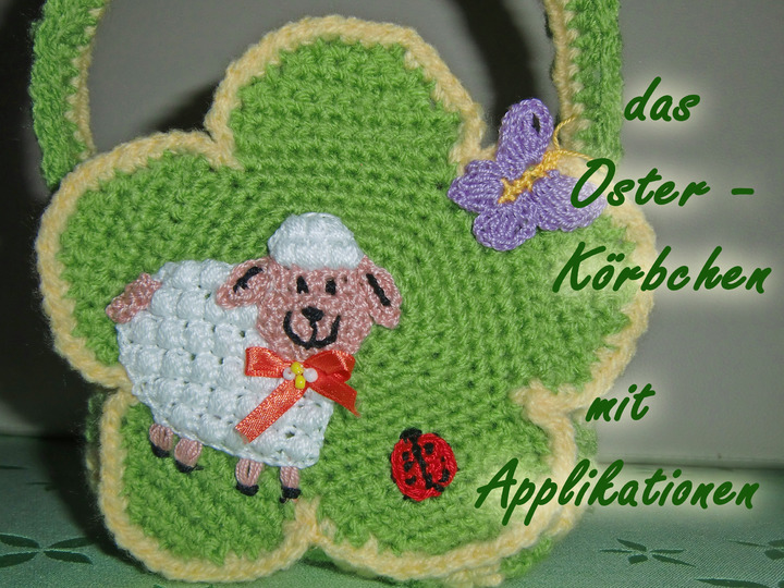 zuerst Osterkörbchen mit Schaf, dann kleine Tasche, - gehäkelt von Dadade 