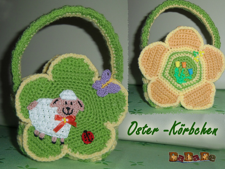 zuerst Osterkörbchen mit Schaf, dann kleine Tasche, - gehäkelt von Dadade 