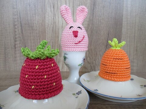 Häkelanleitung Eierwärmer - Erdbeere, Karotte, Hase -