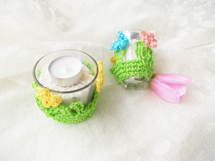 "Wärme und Freude verspricht ein kleines Osterlicht", Häkelanleitung, auch Geburtstagslicht, Partylicht, Geschenk usw. aus dünnem Bindgarn (dünne Paketschnur) oder Häkelbast 