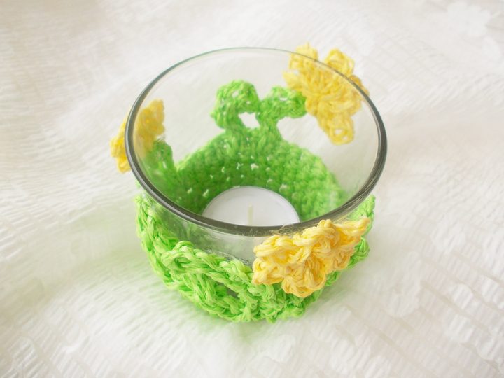 "Wärme und Freude verspricht ein kleines Osterlicht", Häkelanleitung, auch Geburtstagslicht, Partylicht, Geschenk usw. aus dünnem Bindgarn (dünne Paketschnur) oder Häkelbast 