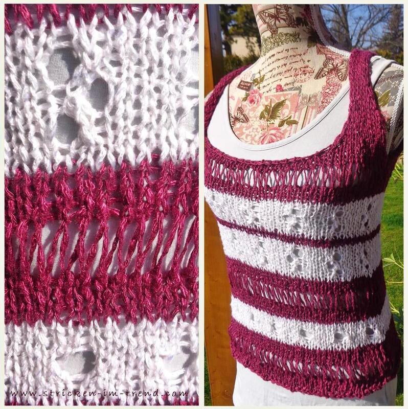 Weißes und burgunderfarbenes gestreiftes Stricktop mit Lochreihen und verlängerten Maschen