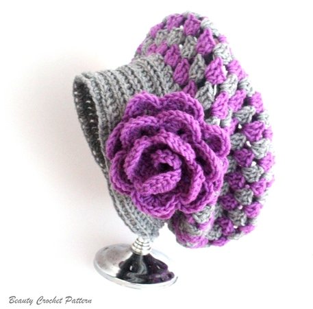 Crochet Slouchy Hat Pattern, Granny Slouchy Hat, Crochet Hat Patterns For Women, Crochet Hat With Flower, Slouchy Beanie Women