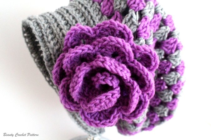 Crochet Slouchy Hat Pattern, Granny Slouchy Hat, Crochet Hat Patterns For Women, Crochet Hat With Flower, Slouchy Beanie Women