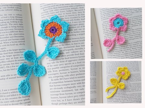 Häkelblumen mit Stiel und Blättern, als Lesezeichen oder zum Aufnähen, 7 verschiedene Varianten der Stiele und 4 verschiedene Häkelblüten