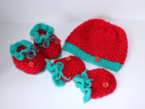 Strickanleitung Baby-Set "Erdbeere", Mütze, Booties, Handschuhe, ca. 4 - 10 Monate