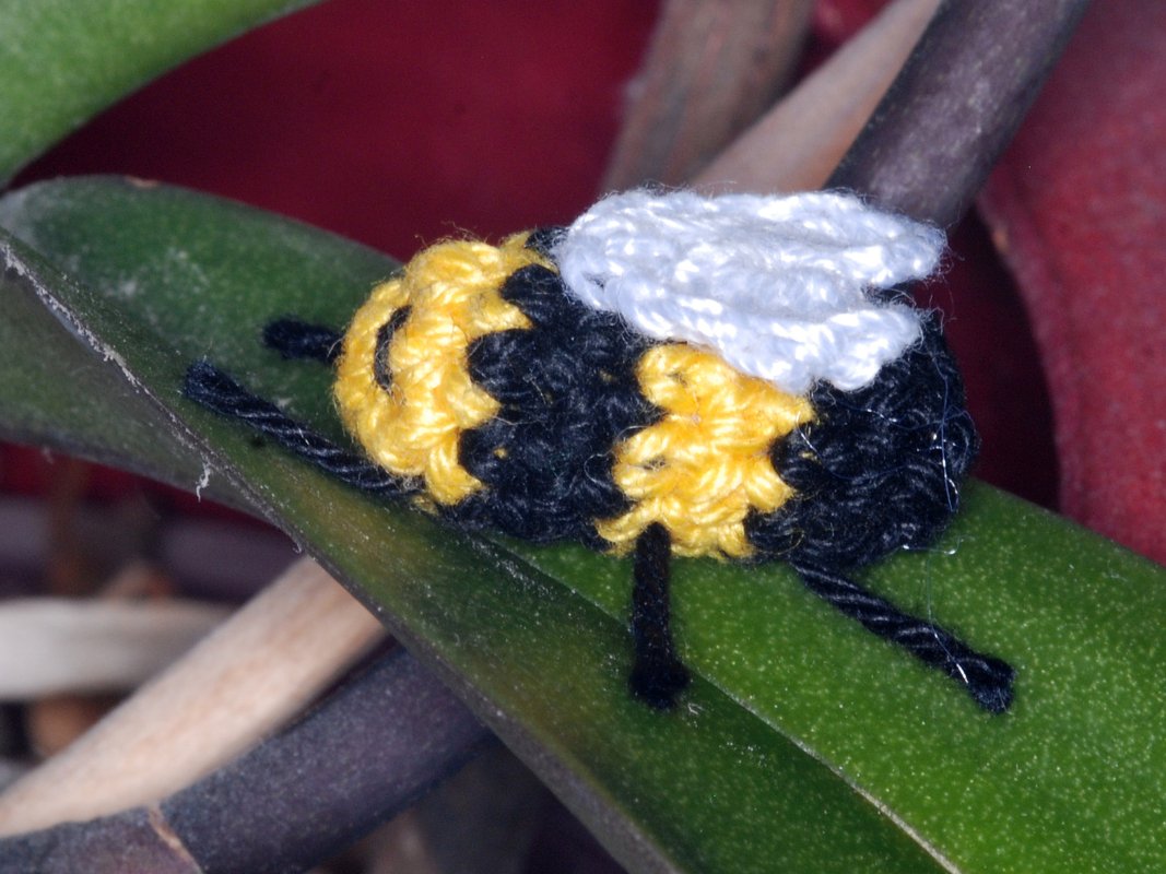 Gehäkelte Amigurumi-Biene mit gelb-schwarzen Streifen und weißen Flügeln auf grünem Blatt