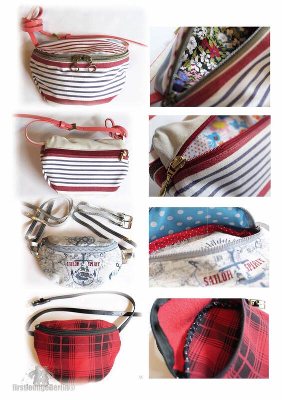 Collage von Bauchtaschen in verschiedenen Mustern: gestreift, maritim und kariert, mit kontrastierendem Innenfutter