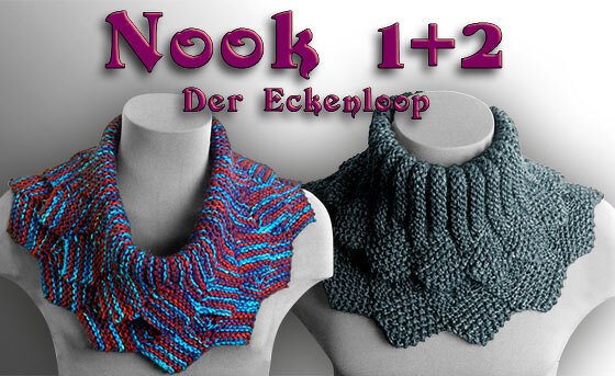 Zwei gestrickte Halswärmer auf Puppen: ein mehrfarbiger Eckenloop mit Zickzackmuster und ein dunkelgrauer mit Rippenmuster.