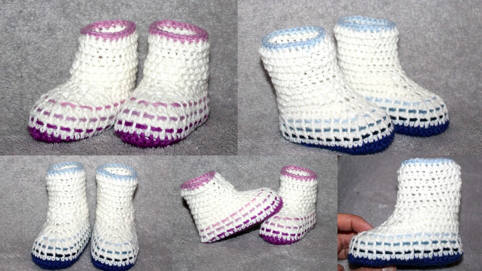 woven baby boots in 4 different sizes 3,5 - 4,7 inches crochet pattern