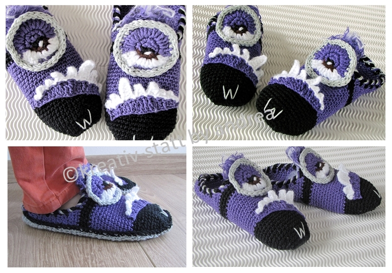 Hausschuh Pantoffel "Monster Minion" mit Sohle - Gr. 22 bis 43 - Häkelanleitung