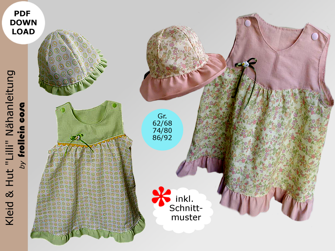 Ärmelloses Babykleid mit Rüschensaum und passendem Sonnenhut in Pastellmustern