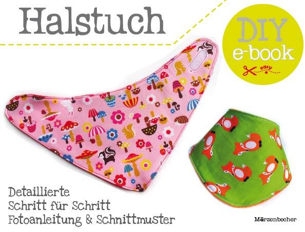 Zwei genähte Baby-Halstücher: rosa mit Pilz- und Blumenmuster, grün mit Fuchsprint