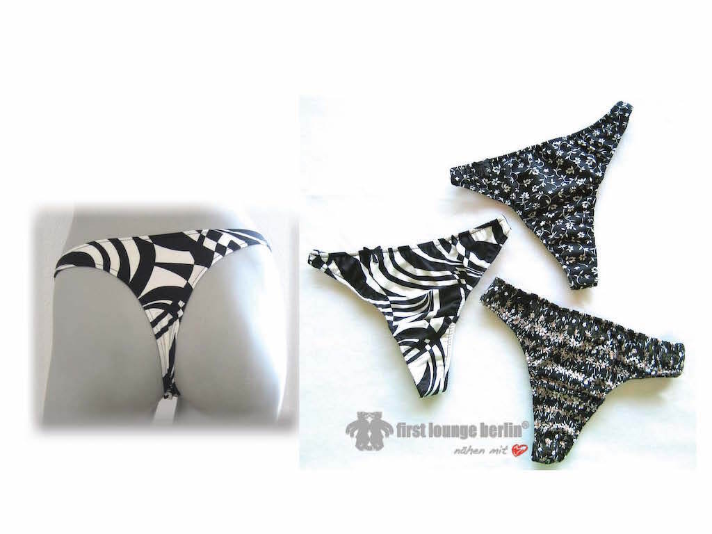 Four black and white bikini bottoms: one geometric pattern on a mannequin and three flat-laid styles (floral, abstract, textured).