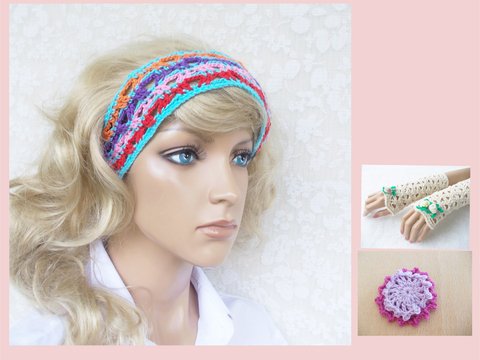 Häkel-Set Stirnband (headband), elegante Armstulpen (cuffs), Häkelblumen, 3 Häkelanleitungen für Baumwolle, auch für Kinder, Frühlingsangebot