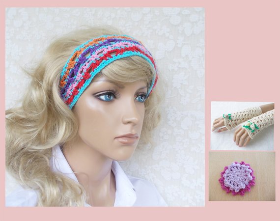 Häkel-Set Stirnband (headband), elegante Armstulpen (cuffs), Häkelblumen, 3 Häkelanleitungen für Baumwolle, auch für Kinder, Frühlingsangebot