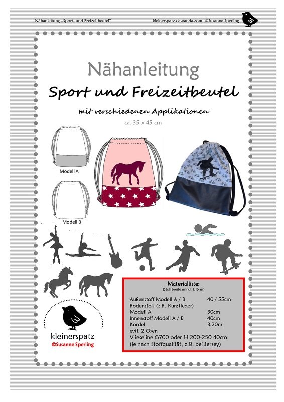 Nähanleitung, Schnittmuster (pdf) Gymbag, Turnbeutel, Sporttasche