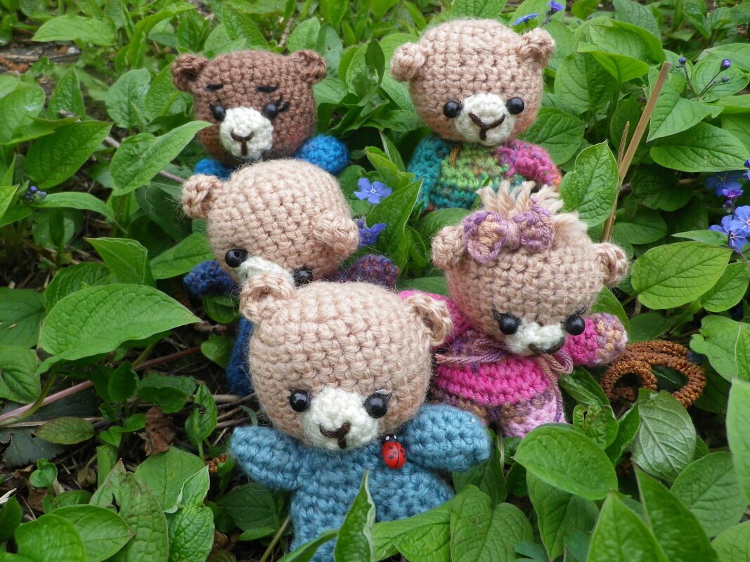 Fünf gehäkelte Amigurumi-Bären in Braun- und Beigetönen mit bunten Pullovern, zwischen grünen Blättern und blauen Blüten.