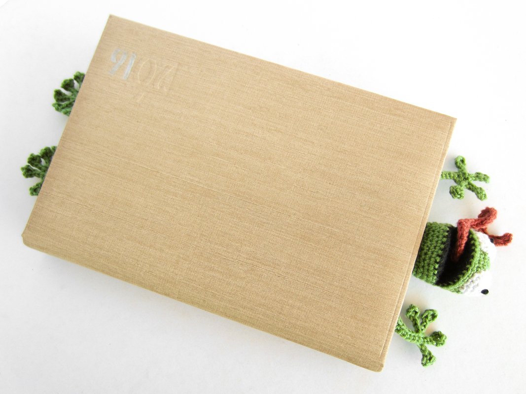 Beige hardcover book with a hand-crocheted green frog bookmark peeking from the pages, showing the frog's head and legs.