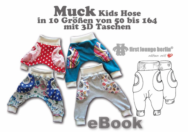 Muck E-Book Jerseyhose Pumphose für Kids mit 3D Taschen Unisex in 10 Größen 50/56-158/164 Nähanleitung & Schnittmuster von firstloungeberlin