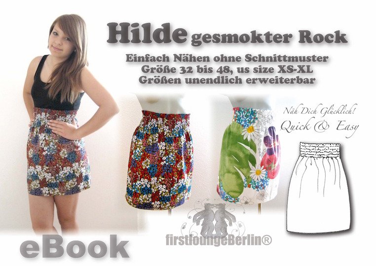 Hilde *** E-Book Pdf-Datei gesmokter Rock, Nähanleitung ohne Schnitt für einen schnellen Rock in 6 Doppelgrößen 32/34-46/48 firstloungeberlin