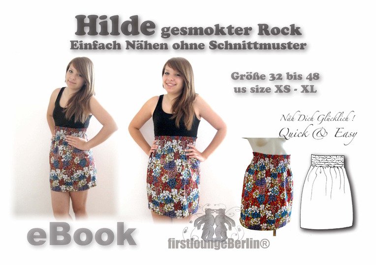 Hilde *** E-Book Pdf-Datei gesmokter Rock, Nähanleitung ohne Schnitt für einen schnellen Rock in 6 Doppelgrößen 32/34-46/48 firstloungeberlin