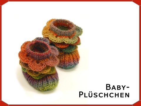 Baby-Püschchen mit Häkel-Rüsche, ca. 9,5 cm, 0-3 Monate, Strick-Häkel-Kombination, Pdf-Anleitung, Schuhe