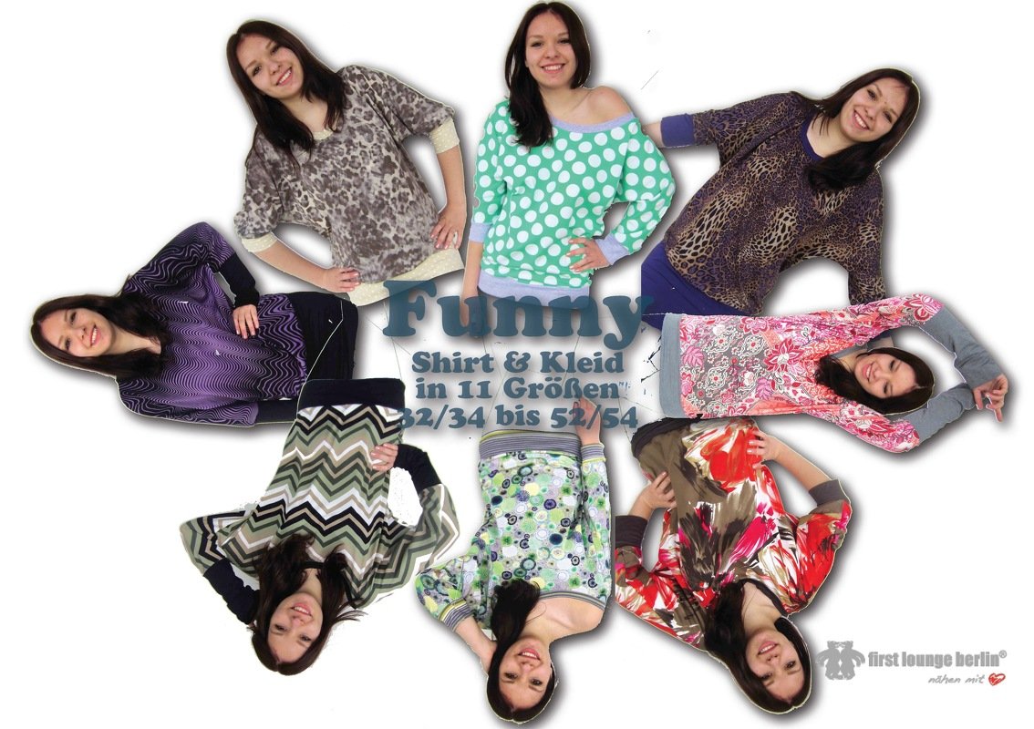 Funny *** E-Book Pdf-Datei pattern Shirt &amp; Kleid Nähanleitung mit Schnittmuster in 11 Größen 32/34 bis 52/54 Design von firstloungeberlin