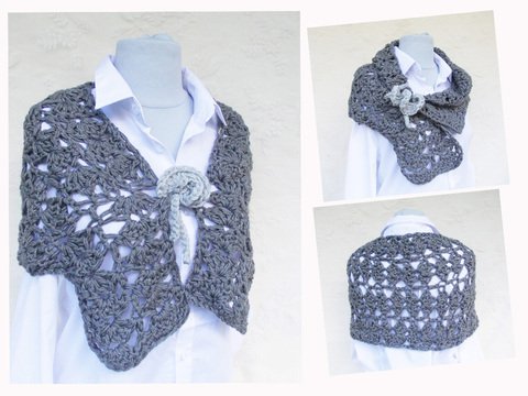 Häkeltuch, Häkelstola, Häkelschal, Schultertuch mit Häkelrose und Bändern, sehr gut geeignet auch für Anfänger