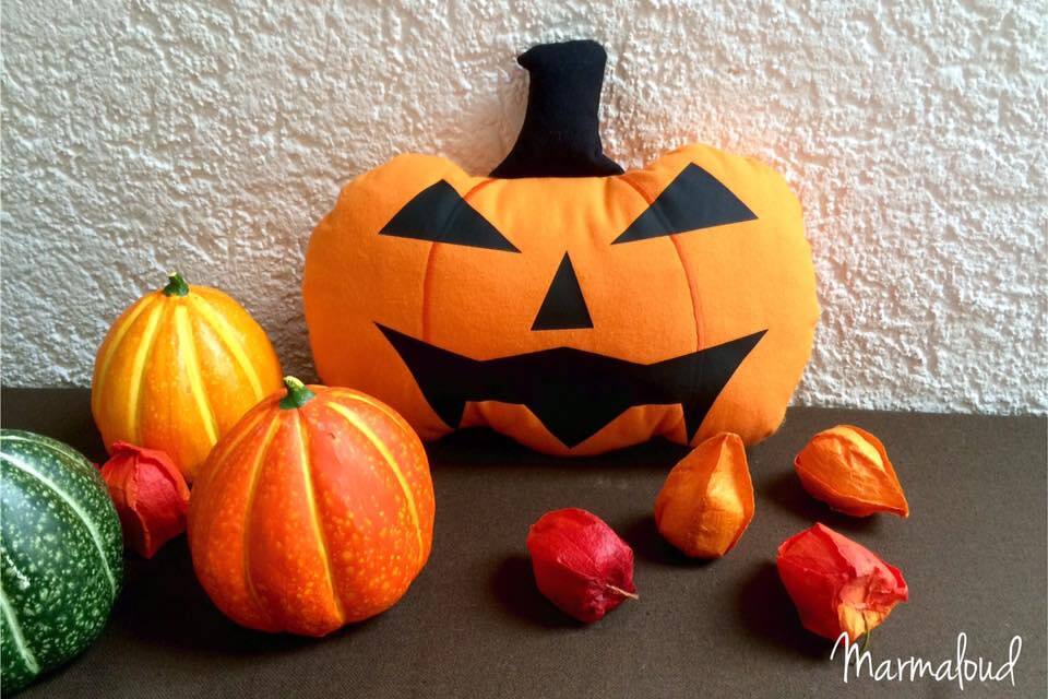 Orangefarbenes Halloween-Kürbiskissen mit schwarzem Gesicht, umgeben von kleinen Zierkürbissen und Lampionblumen auf dunklem Untergrund.