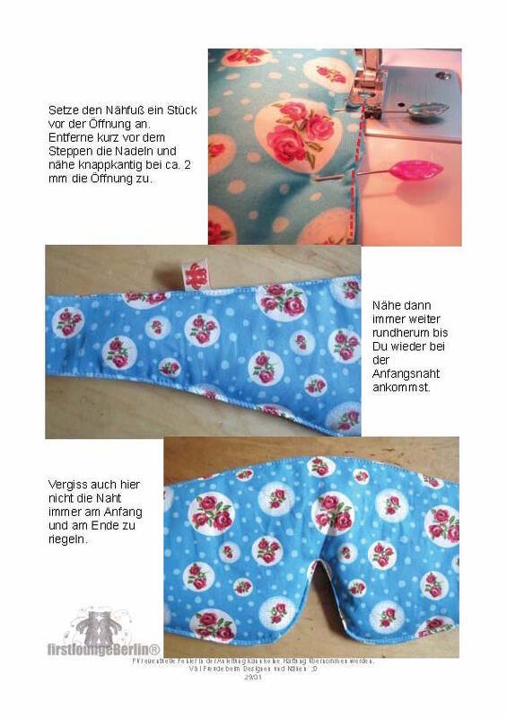 Detailaufnahme der Nahtkante einer blauen Schlafmaske beim Absteppen an der Nähmaschine