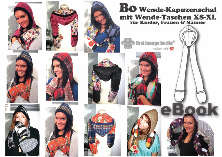 Bo *** eBook PDF-Datei Wende-Kapuzenschal mit Wende-Taschen für Kinder,Frauen und Männer in 5 Größen XS-XL Nähanleitung mit Schnittmuster
