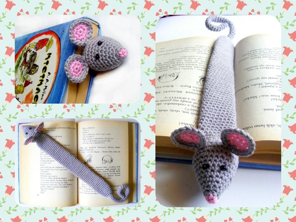 Gehäkeltes Maus-Lesezeichen, grau mit rosa Ohren und Nase, steckt in einem Buch.