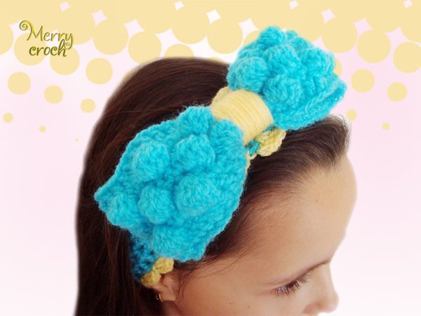 Crochet Baby Headband, Girls Headband, Puff Ribbon, Girls Ribbon Headband
