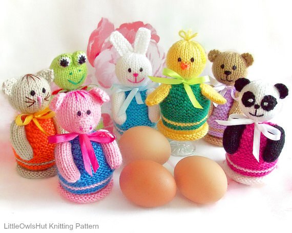 114 Knitting Pattern - Eggs Cozy 7 animals: Panda Rabbit Chicken Frog Bear Cat Pig - Amigurumi - by Zabelina