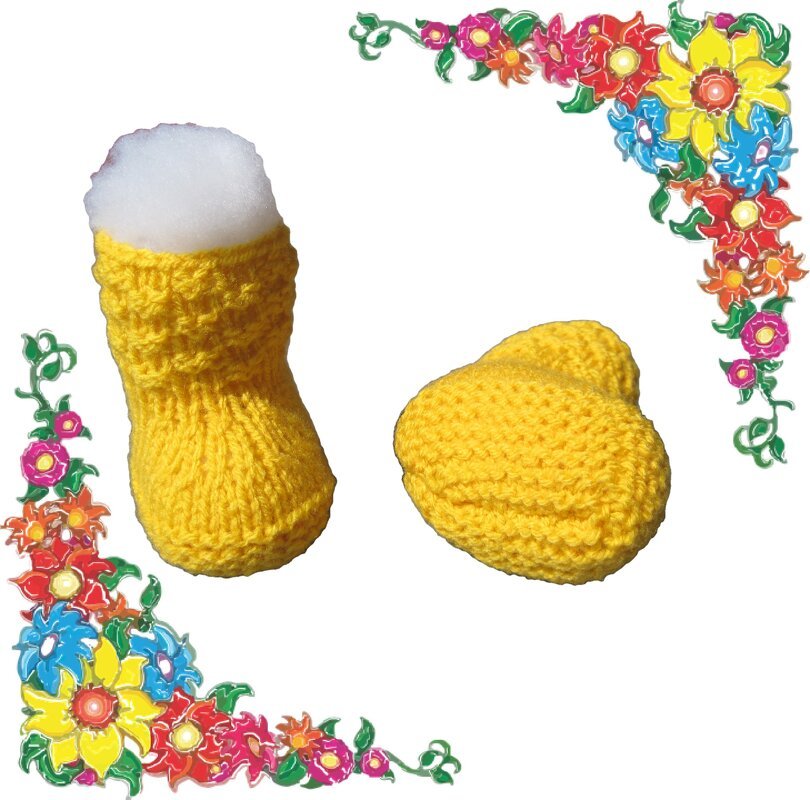 Gelbe gestrickte Babyschuhe, ein stehender und ein liegender Schuh, auf weißem Hintergrund mit floralem Rahmen