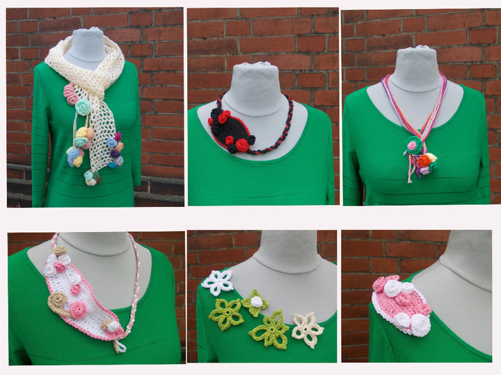 Sammelanleitung für 1. Häkelschal mit Rosenbommeln, 2. Häkelkette mit Rosenblatt, 3. Häkelkette mit Rosenbommeln, 4. Häkelblätter/Blüten, Ensemble "Rosenträume"