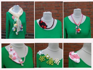 Sammelanleitung für 1. Häkelschal mit Rosenbommeln, 2. Häkelkette mit Rosenblatt, 3. Häkelkette mit Rosenbommeln, 4. Häkelblätter/Blüten, Ensemble "Rosenträume"