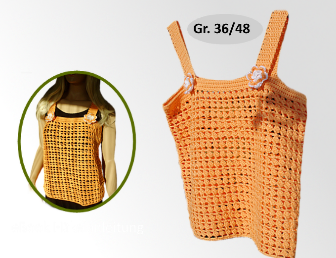 Gehäkeltes orangefarbenes Damen-Top mit Lochmuster und kleinen Blüten auf den Trägern. Größenhinweis: Gr. 36–48.